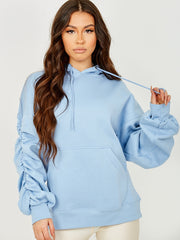 Ruched Sleeves Fleeced Hoodie