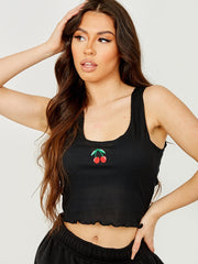 Embroidered Cherry Rib Crop Top