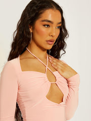 Criss Cross Neck Slinky Bodycon Dress with Cutout Detail