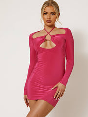Criss Cross Neck Slinky Bodycon Dress with Cutout Detail