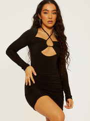Criss Cross Neck Slinky Bodycon Dress with Cutout Detail