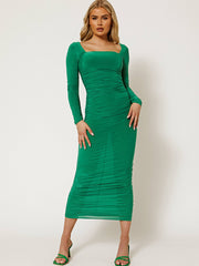 Square Neck Slinky Ruched Midi Dress