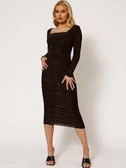 Square Neck Slinky Ruched Midi Dress