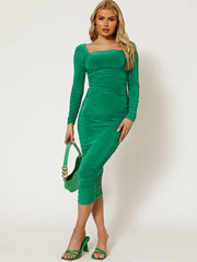 Square Neck Slinky Ruched Midi Dress
