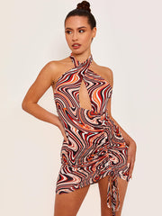 Marble Print Front Ruched Halterneck Dress