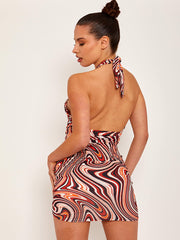 Marble Print Front Ruched Halterneck Dress