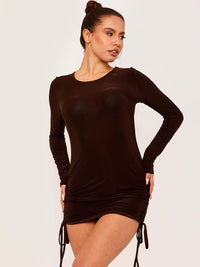 Vestido ruchado de manga larga - Brown