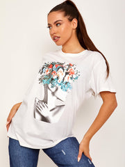 Blumengesicht grafisch gedrucktes T-Shirt