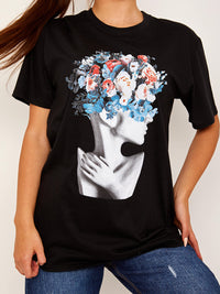 Flower Face Graphic Printed T-Shirt - Black