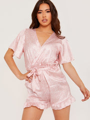 Wrap Front Belted Satin Printed Playsuit