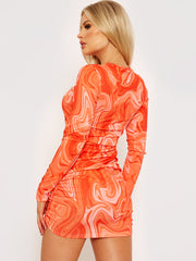 Marble Print Long Sleeves Ribbed Ruched Dress