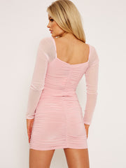 Mesh Sleeves Slinky Ruched Bodycon Dress