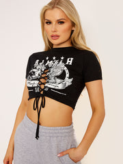 Almuth Graphic Print Lace Up Crop Top