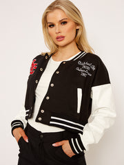 PU Contrast Sleeve Cropped Varsity Jacket