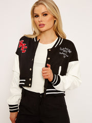 PU Contrast Sleeve Cropped Varsity Jacket