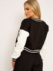 PU Contrast Sleeve Cropped Varsity Jacket