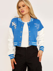 PU Contrast Sleeve Cropped Varsity Jacket