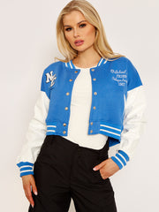 PU Contrast Sleeve Cropped Varsity Jacket