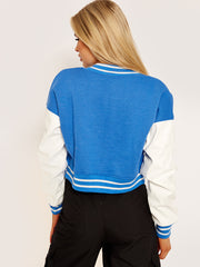 PU Contrast Sleeve Cropped Varsity Jacket