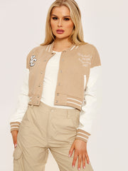 PU Contrast Sleeve Cropped Varsity Jacket