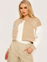 PU Contrast Sleeve Cropped Varsity Jacket