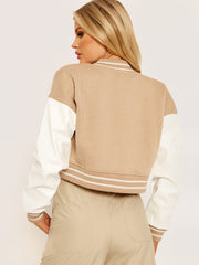 PU Contrast Sleeve Cropped Varsity Jacket