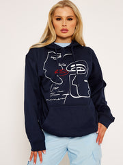 Face Graphic Hoodie with Embroidered Lip