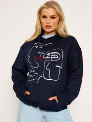 Face Graphic Hoodie with Embroidered Lip