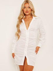 Side Ruched Buttoned Shirt Dress