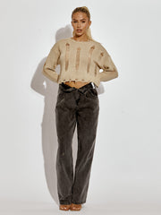 Long Sleeve Distressed Knitted Cropped Jumper