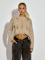 Long Sleeve Distressed Knitted Cropped Jumper