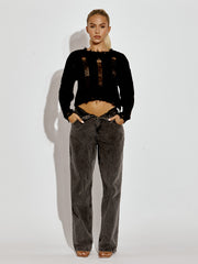 Long Sleeve Distressed Knitted Cropped Jumper
