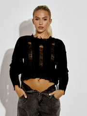 Long Sleeve Distressed Knitted Cropped Jumper