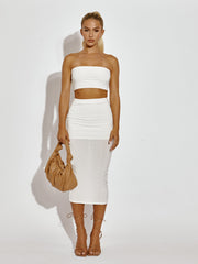 Plain Bandeau Crop Top & Midi Skirt Co-ord