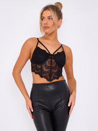 Lace Detail Corset Style Cami Crop Top - Black