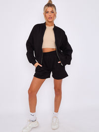 Oversized Bomber Style Fleece Zipper & Shorts Co-ord - Black