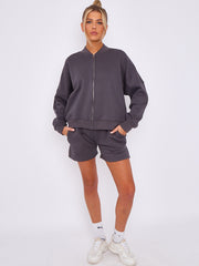 Oversized Bomber Style Fleece Zipper & Shorts Co-ord