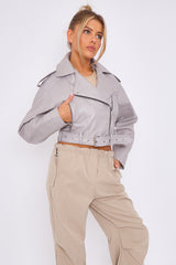 Faux Leather Cropped Biker Jacket With Belt