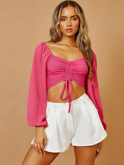 Bishop Sleeve Ruched Front Ribbed Crop Top