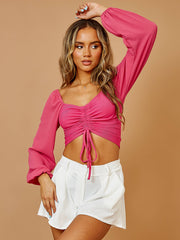 Bishop Sleeve Ruched Front Ribbed Crop Top