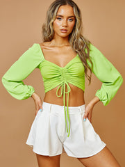 Bishop Sleeve Ruched Front Ribbed Crop Top