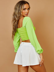 Bishop Sleeve Ruched Front Ribbed Crop Top