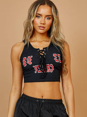Crazy Buzz Lace Up Front Ribbed Crop Top