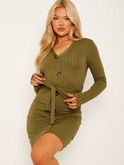 Mock -knopdetail geribbelde riemjurk