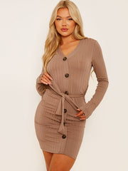 Mock -knopdetail geribbelde riemjurk