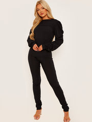 Seam Detail Ruched Sleeves Ribbed Co-ord