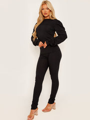 Seam Detail Ruched Sleeves Ribbed Co-ord