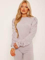 Seam Detail Ruched Sleeves Ribbed Co-ord