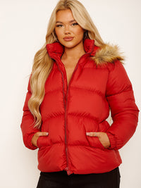Faux Fur Trim Hood Padded Puffer Jacket - Red