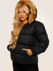 Faux Fur Trim Hood Padded Puffer Jacket